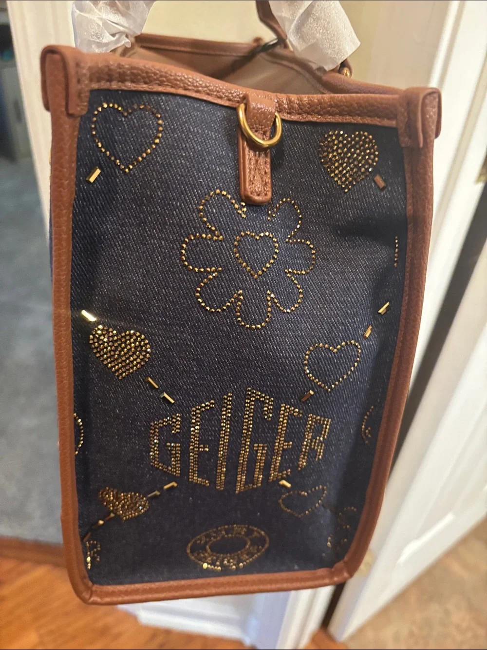 Kurt Geiger Navy Denim-Style Satchel with Tan Trim and Gold Studs